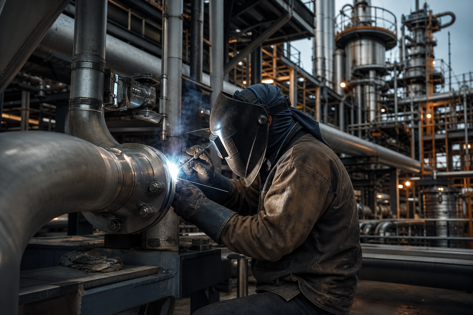 Industrial welder fitting alloy piping in a refinery-grade work area with structural steel and process lines