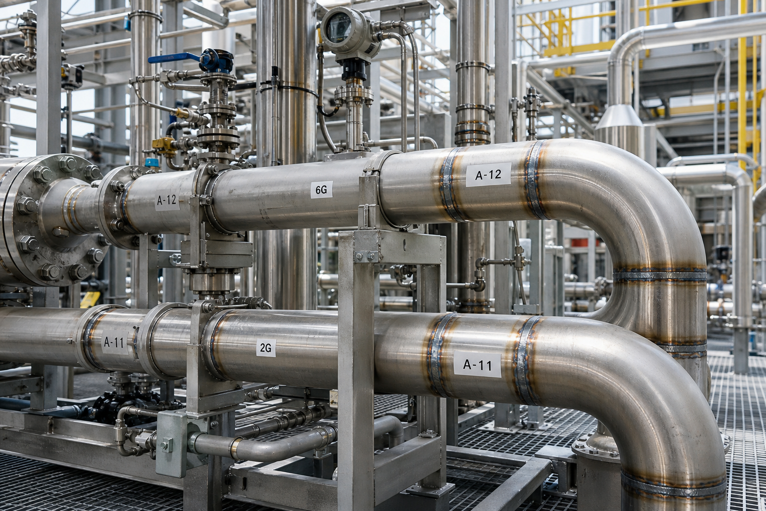 Clean high-clarity industrial photo of stainless alloy process piping with labeled weld joints, support brackets, and tidy plant walkway framing