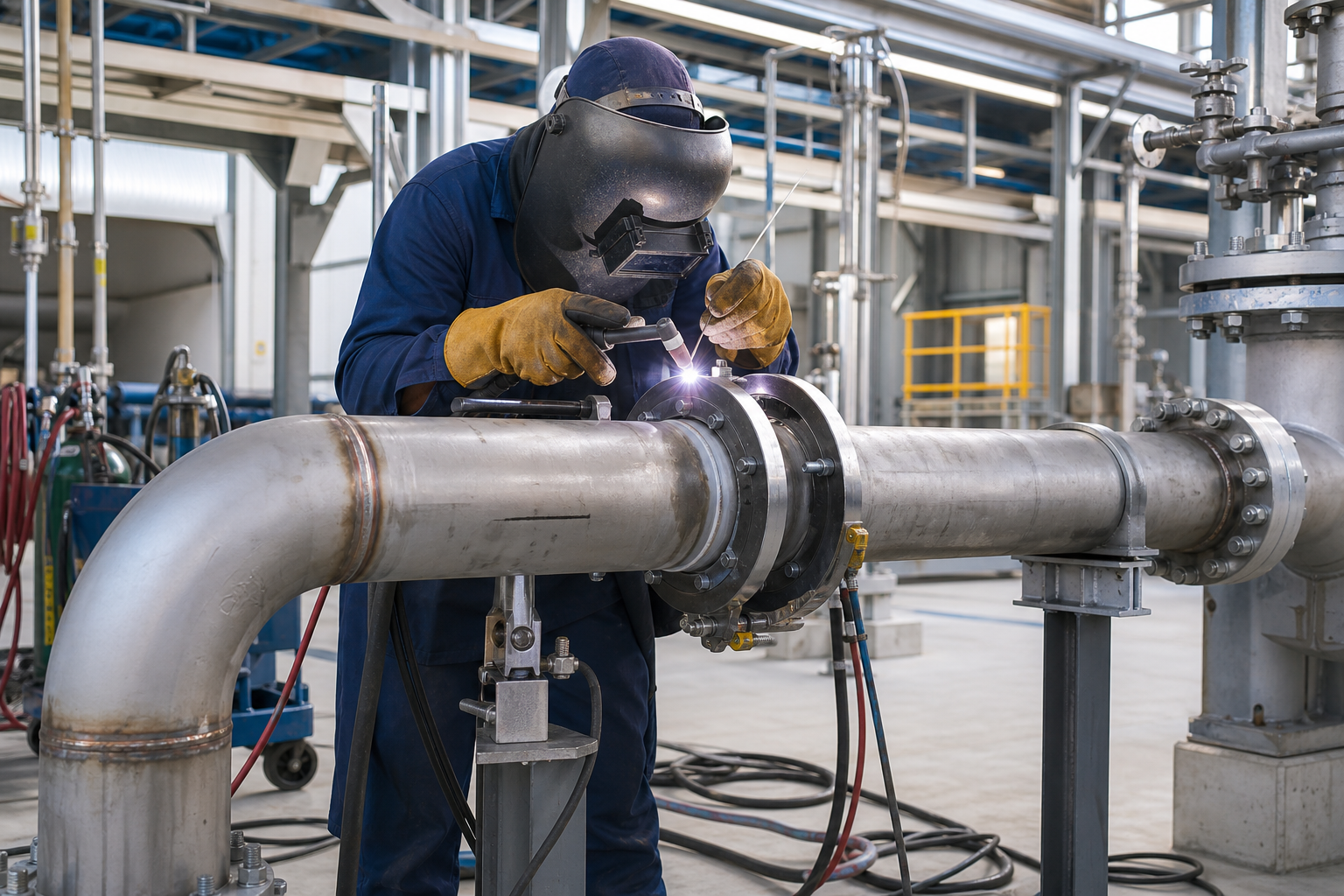 Bright professional industrial scene of a welder performing controlled pipe welding in a refinery maintenance bay with organized tools and neutral steel tones