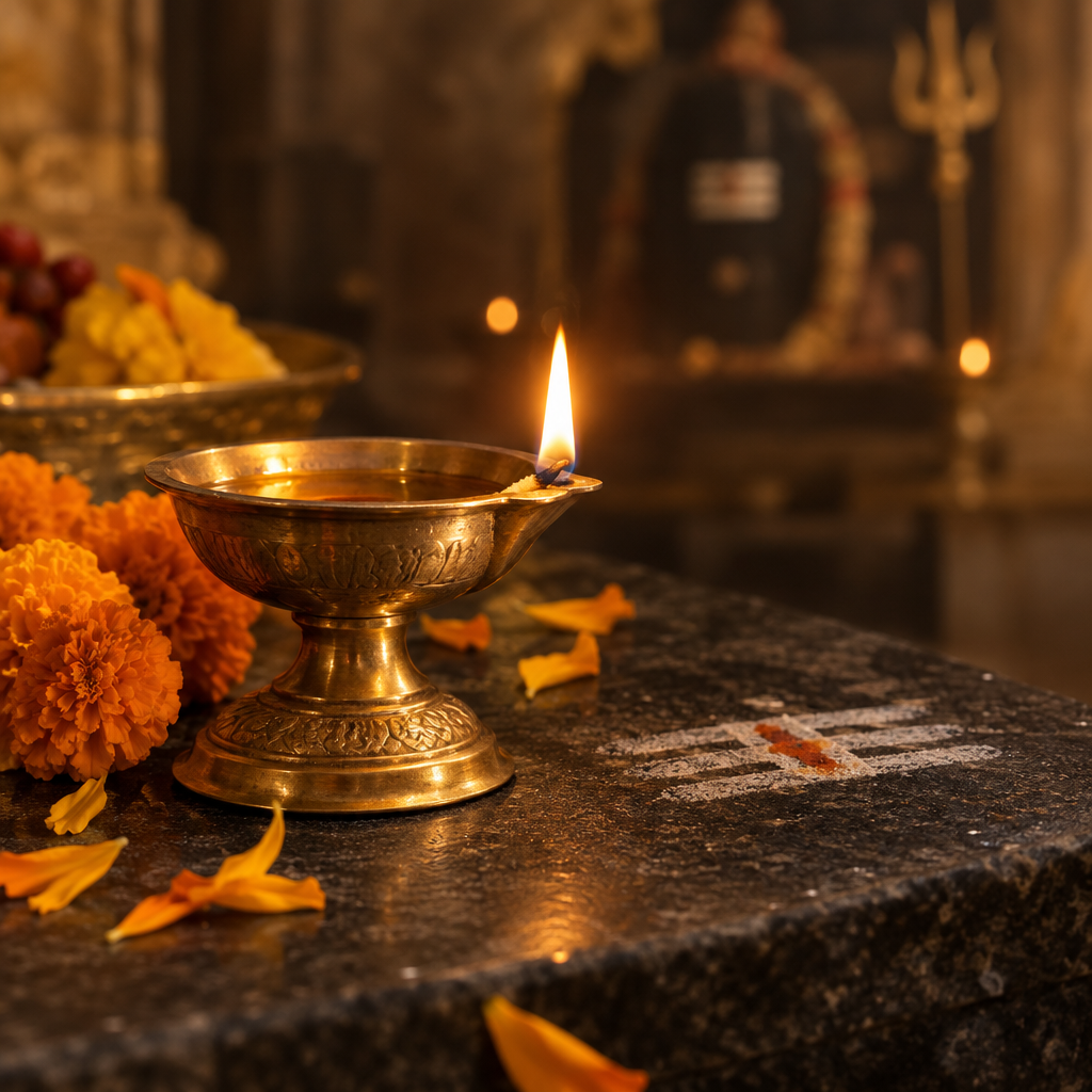 Polished brass diya lamp with marigold petals and sacred ash marks on a dark stone surface