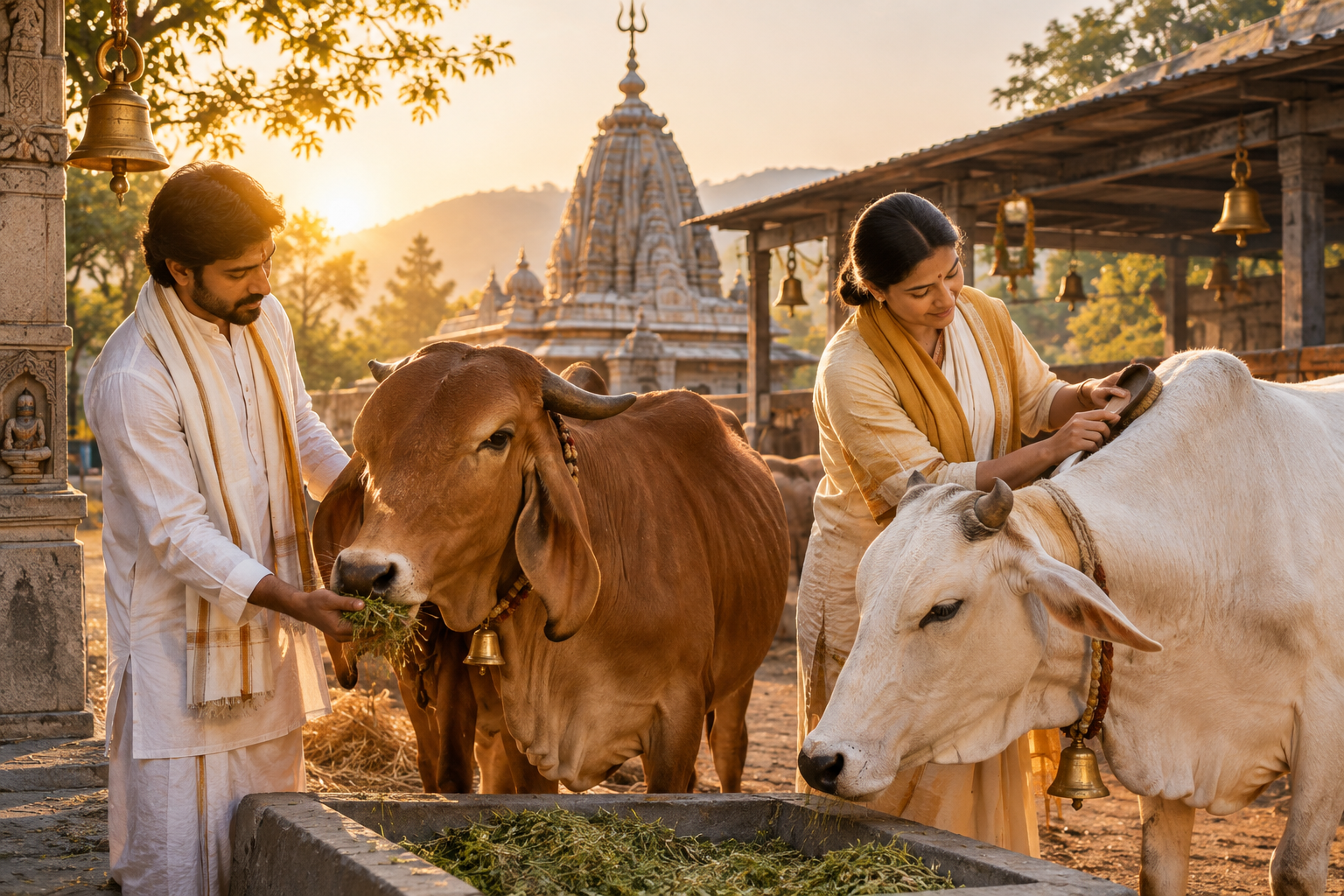 Temple volunteers gently feeding and caring for indigenous cows in a clean gaushala courtyard near a Shiva shrine at sunrise