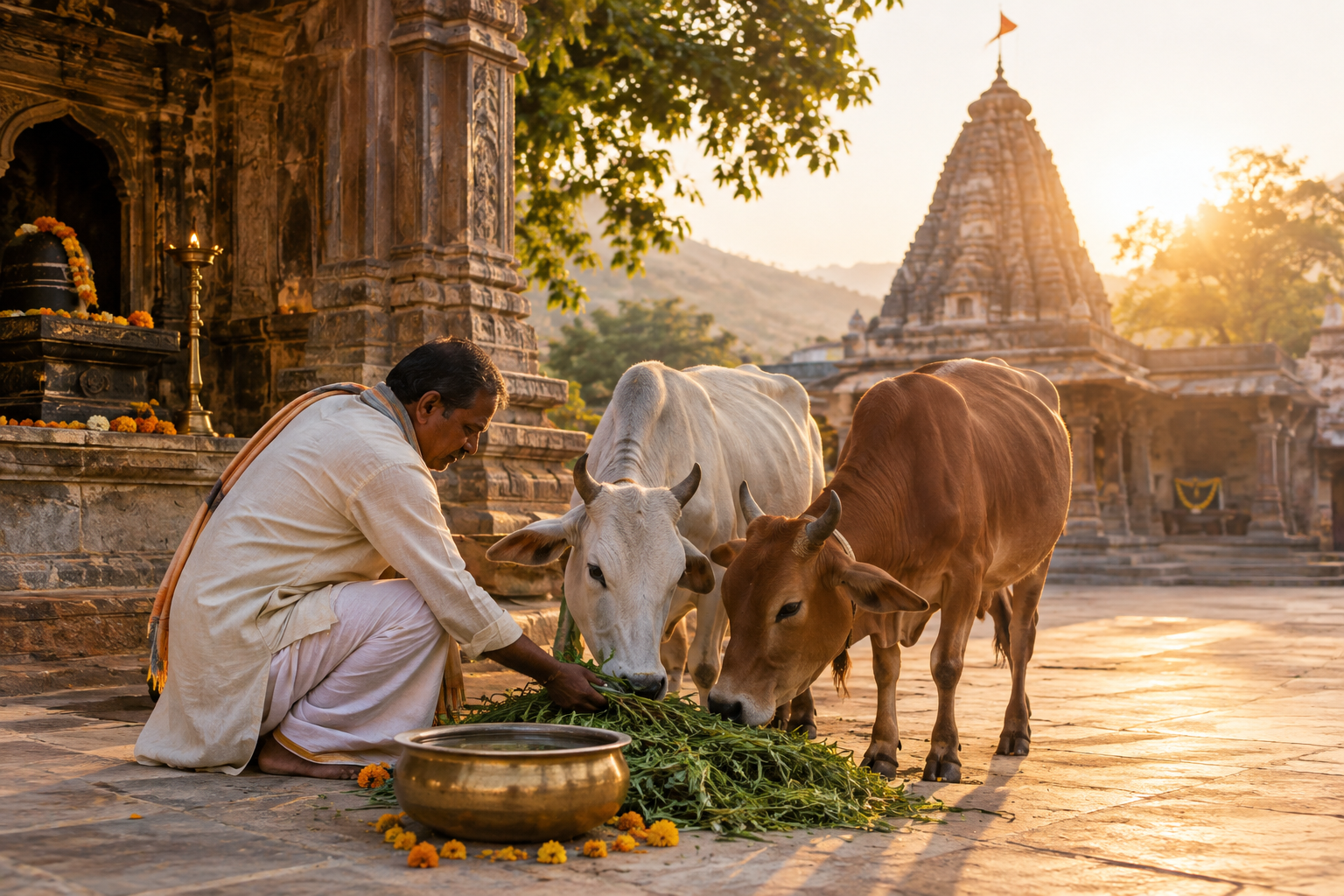 Temple caretaker gently feeding and tending Indian cows near a heritage stone shrine courtyard at dawn, conveying devotional support and stewardship.