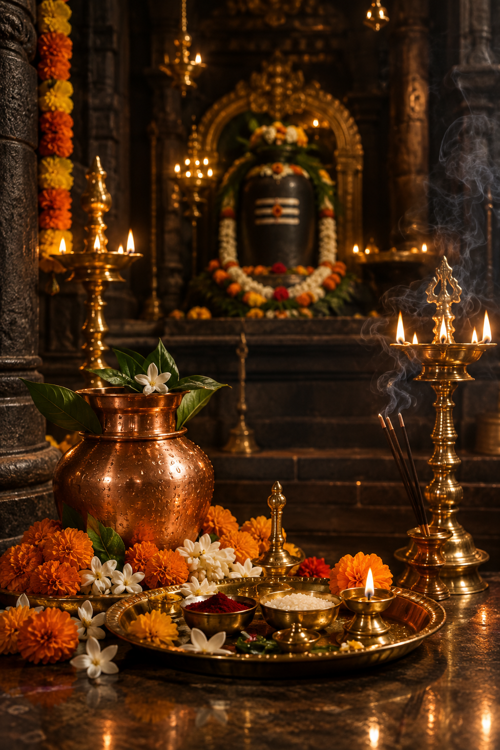 Temple ritual setup with brass lamps, copper water vessel, marigold flowers, and sanctum-inspired sacred ambiance