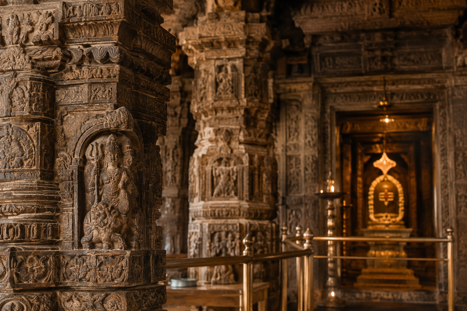 Close temple-detail photograph of carved stone pillars and sanctum-adjacent architecture in warm devotional light