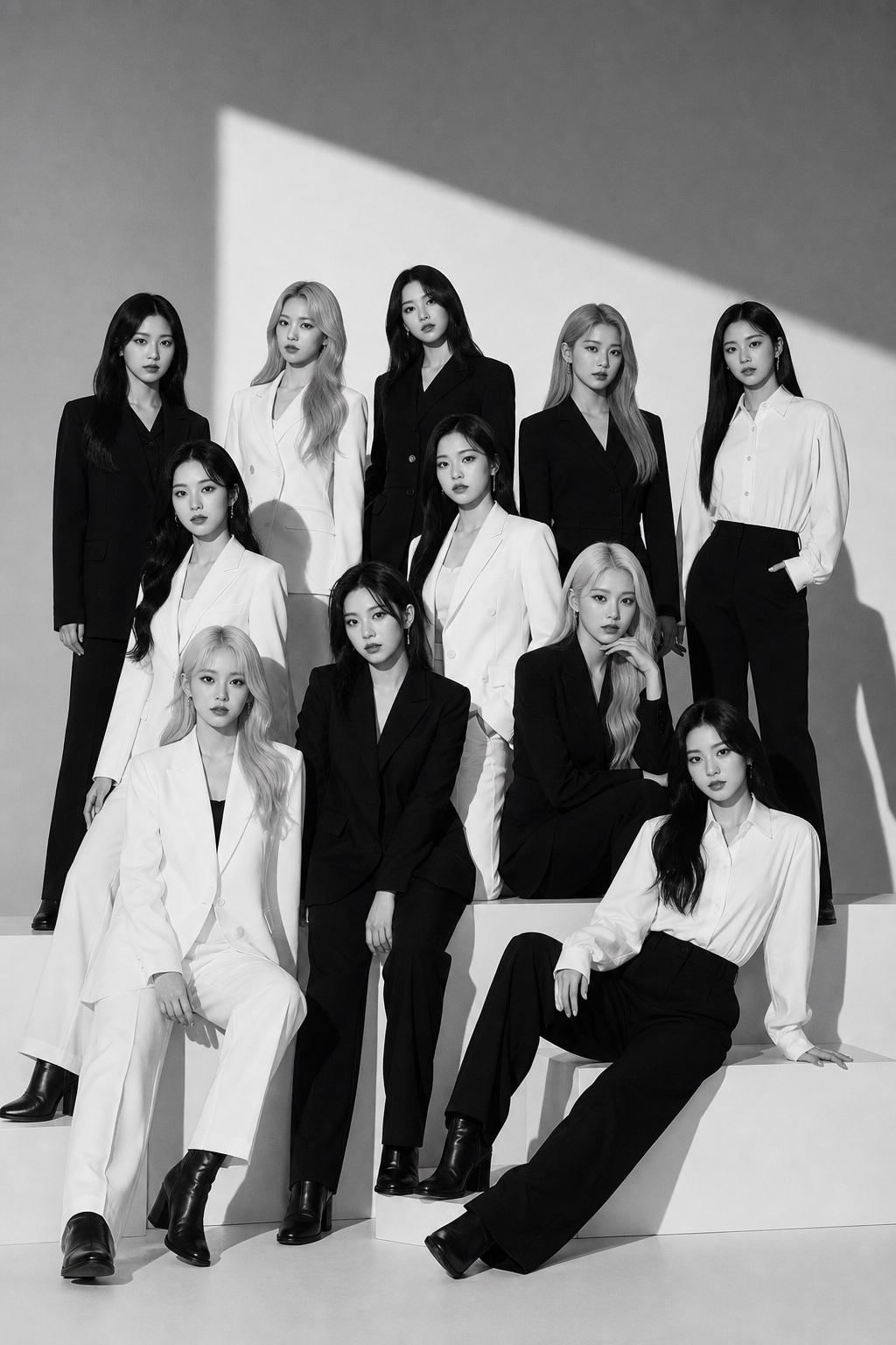 Monochrome editorial group portrait of LOONA standing in a modern studio setting