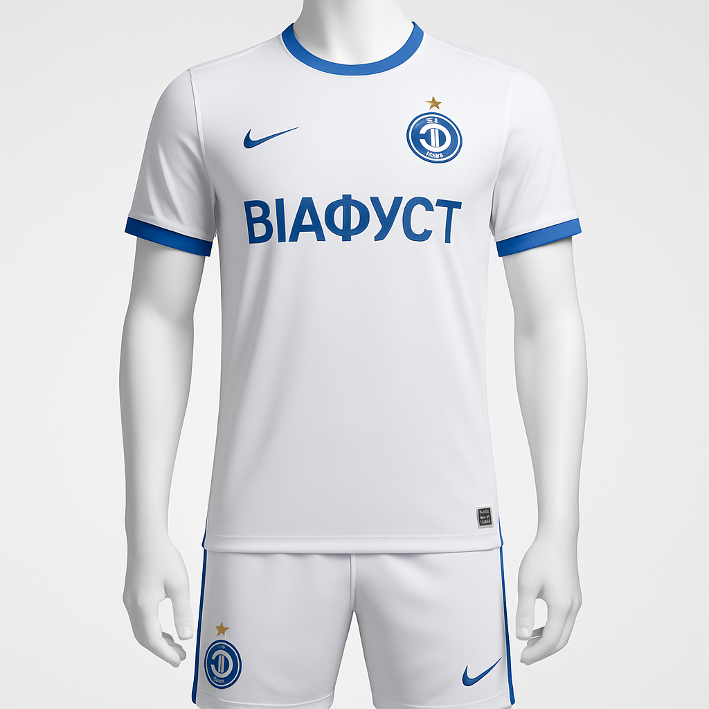 FC Dnipro away kit: white football shirt and shorts with blue trim, club crest and sponsor, displayed on mannequin