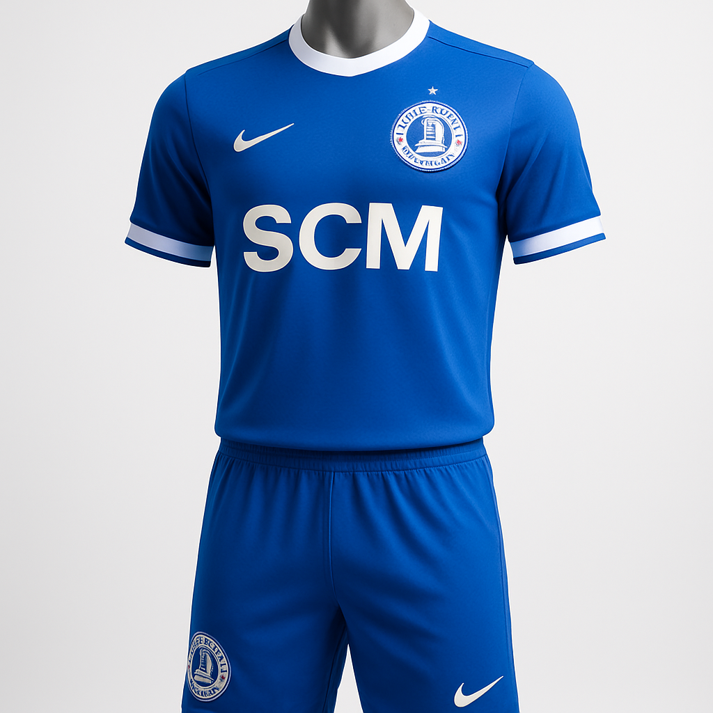 FC Dnipro home kit: blue football shirt and shorts with white accents, club crest and sponsor, displayed on mannequin