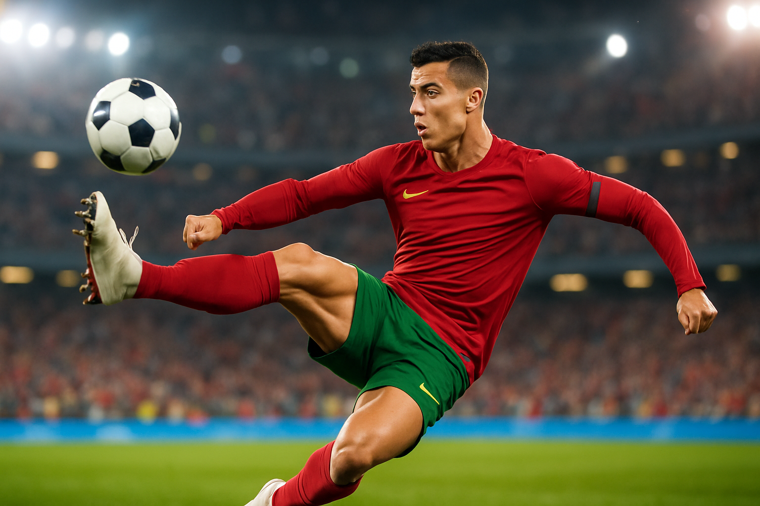 C. Ronaldo performing a dynamic football move in an energetic stadium setting, crowd blurred in the background, action-focused and vibrant