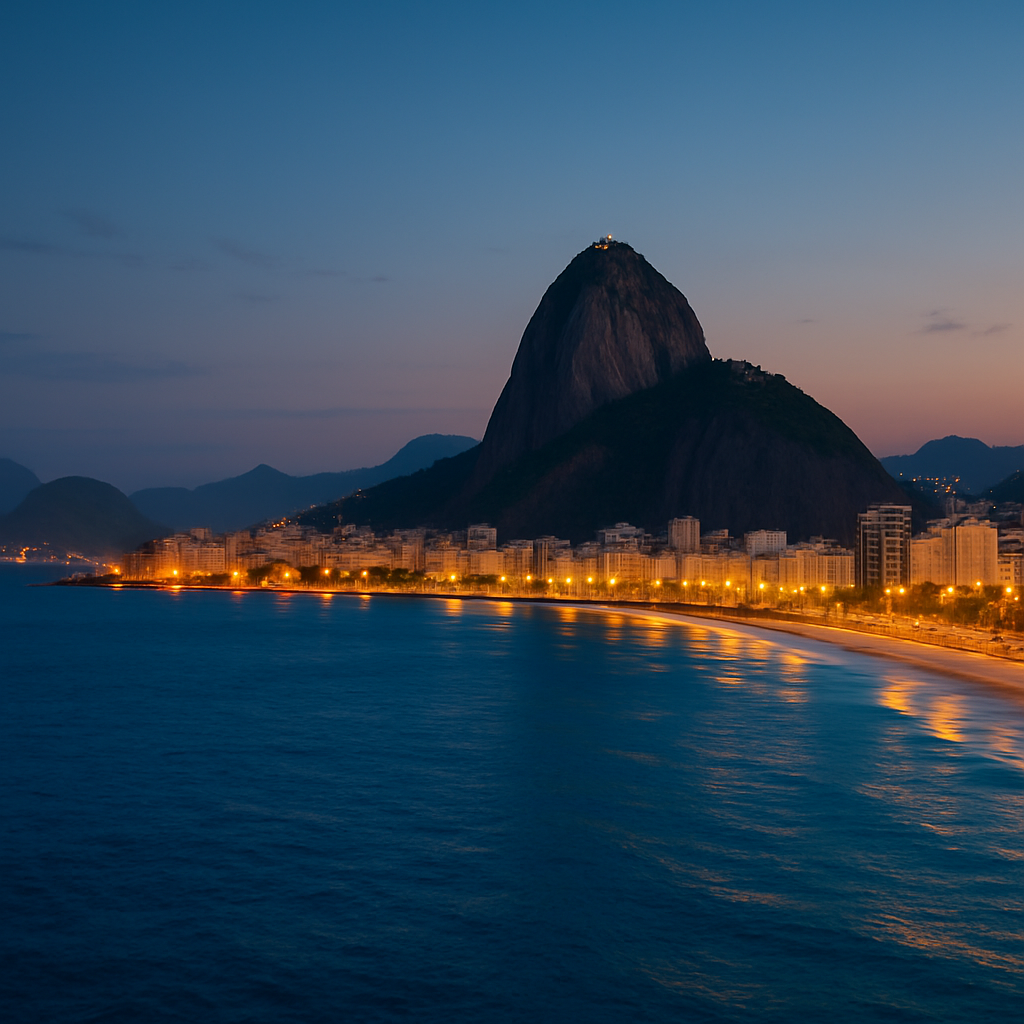 Rio de Janeiro coastline with mountains and city lights