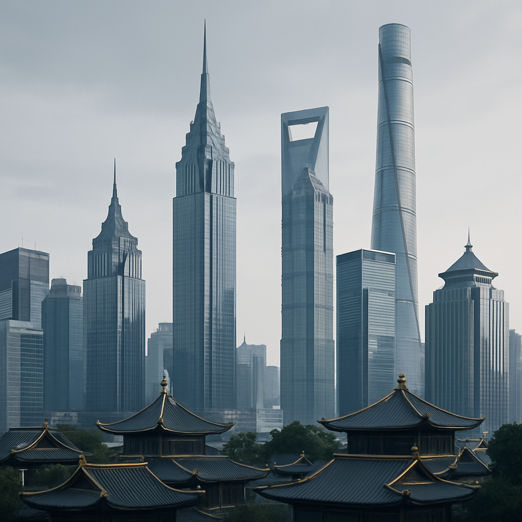 Futuristic skyline with traditional Chinese architecture accents