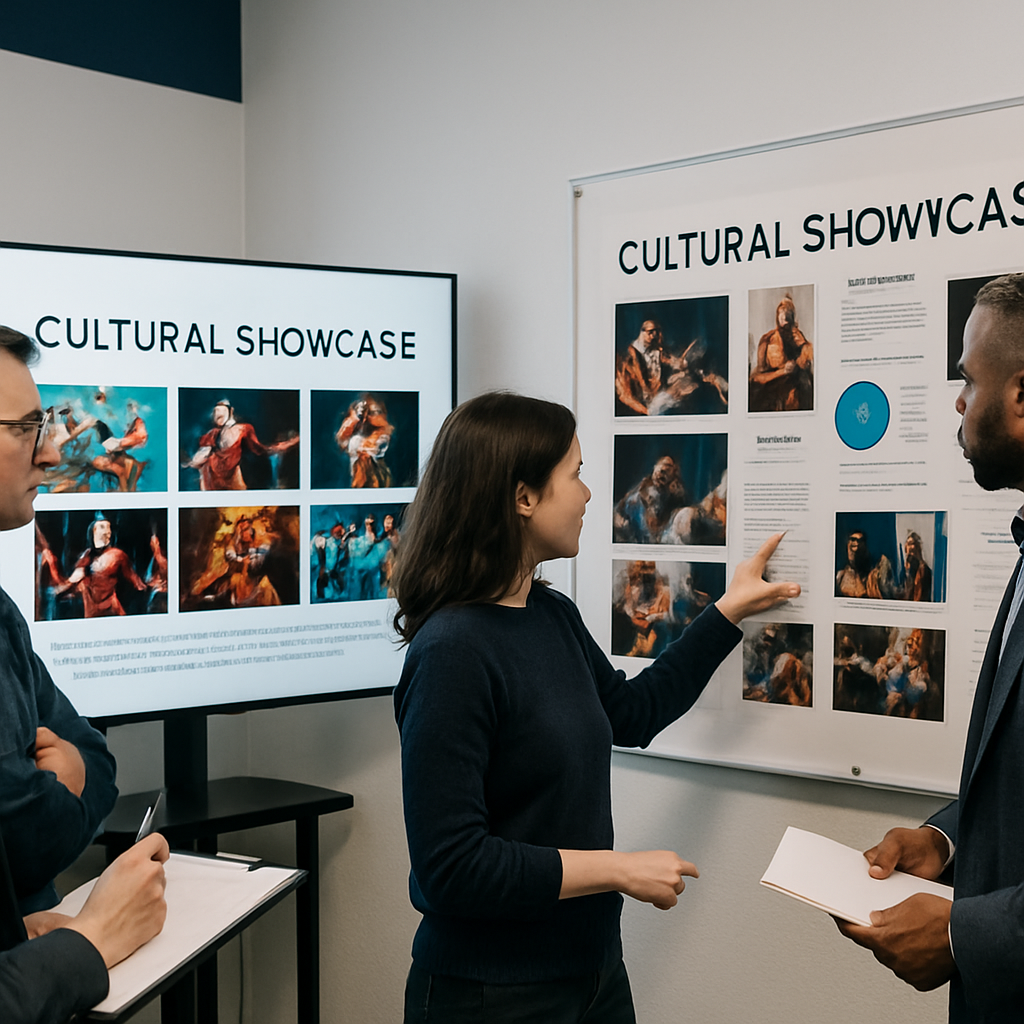 Designers and producers reviewing cultural showcase materials