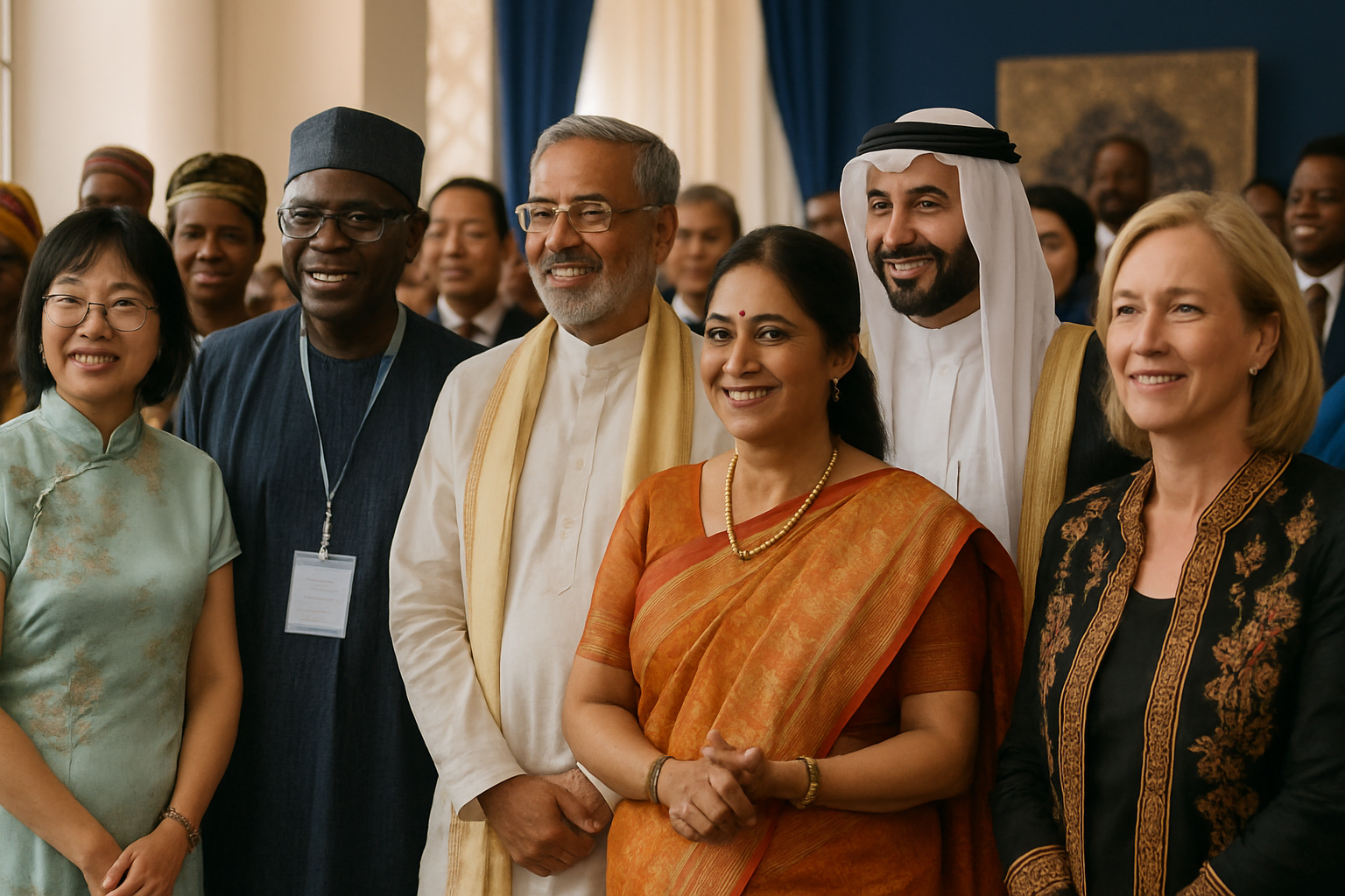 Diverse cultural delegates in traditional attire at an international showcase