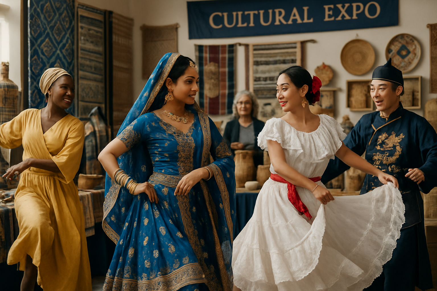 Cultural expo scene with dancers, textiles, and artisan displays