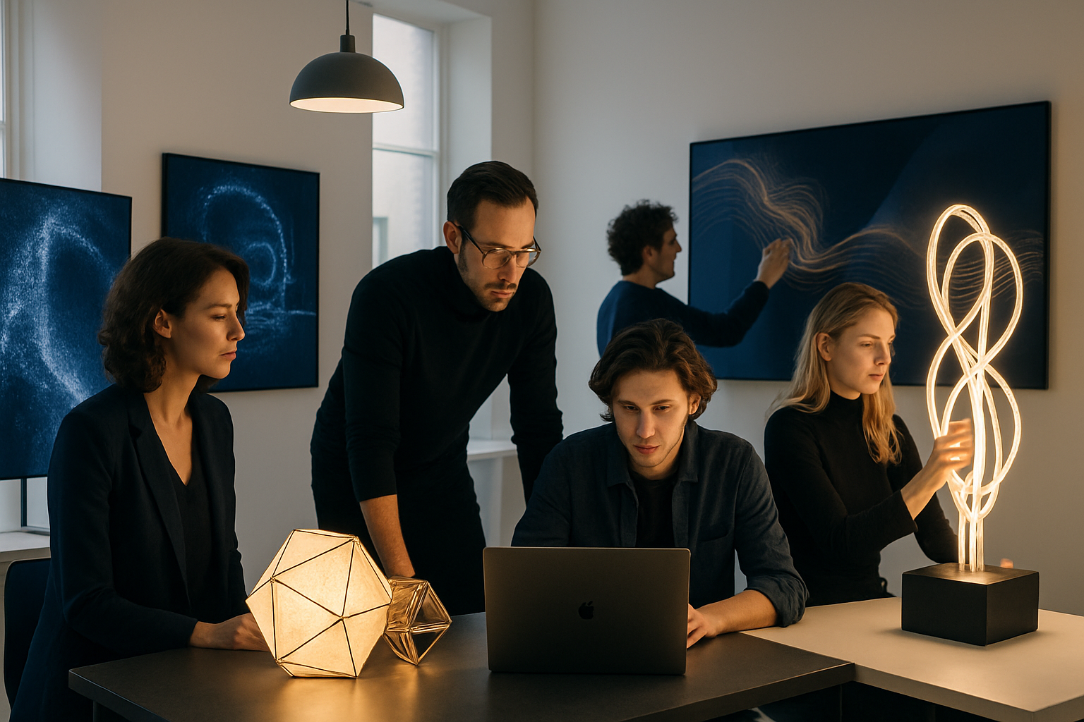 Creative innovation studio with digital installations and artists collaborating