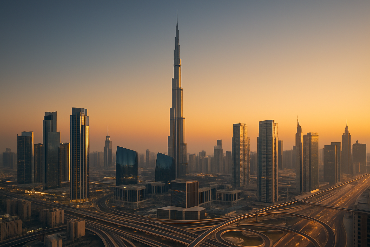 Dubai skyline at sunset with the Burj Khalifa