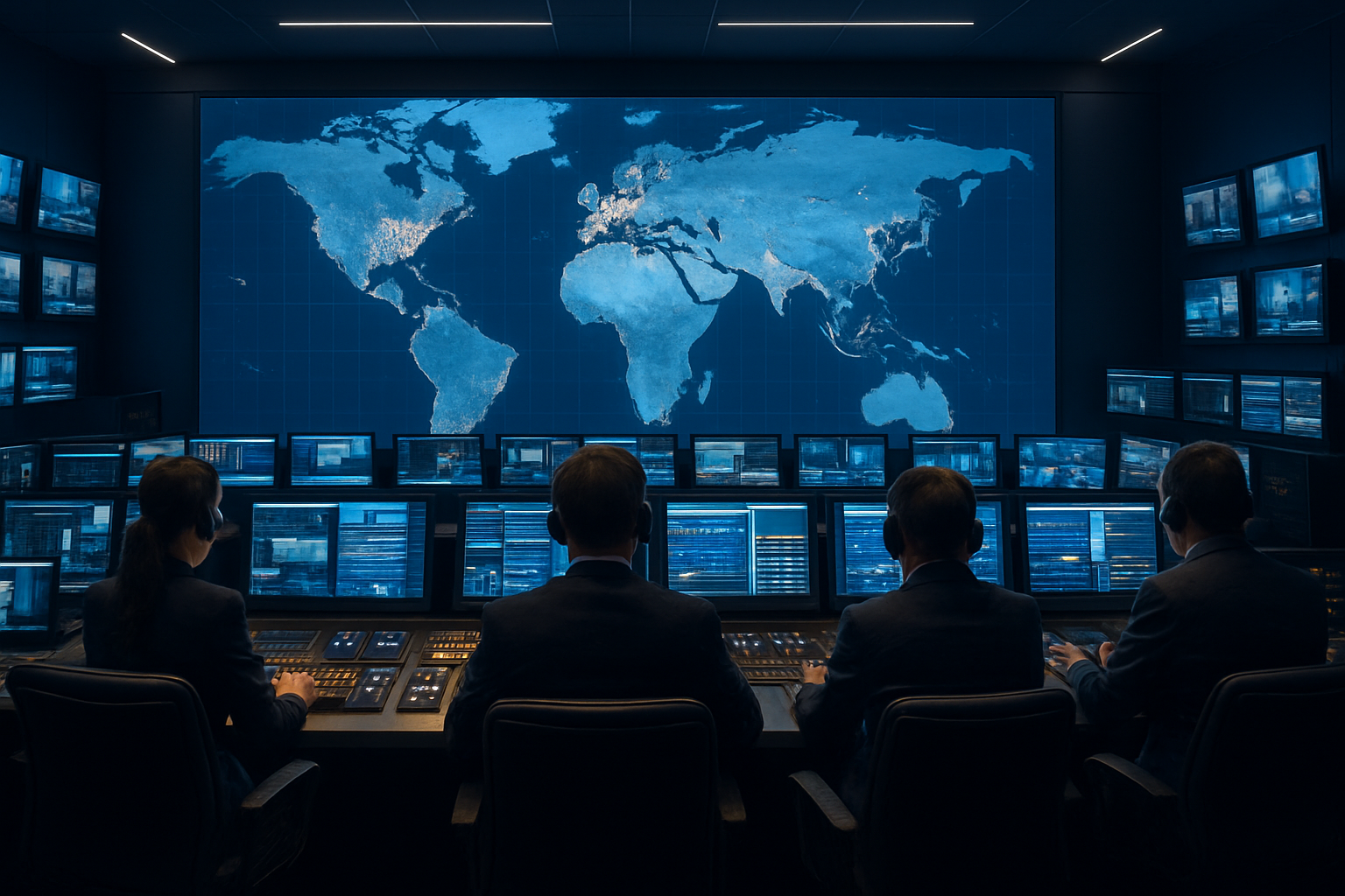 International broadcast control room with operators and large global screens