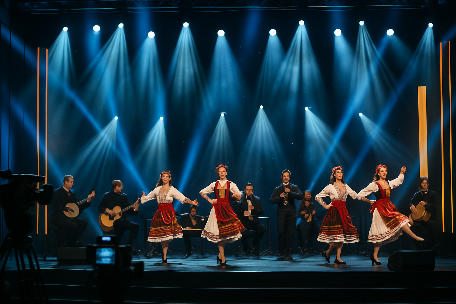 Live cultural performance with stage lighting and broadcast cameras