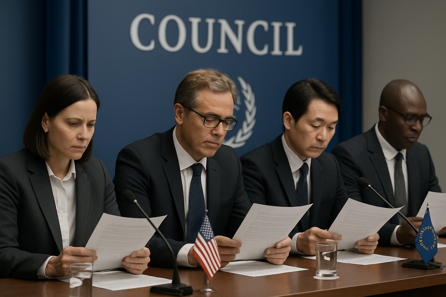 International council members reviewing documents in a formal meeting