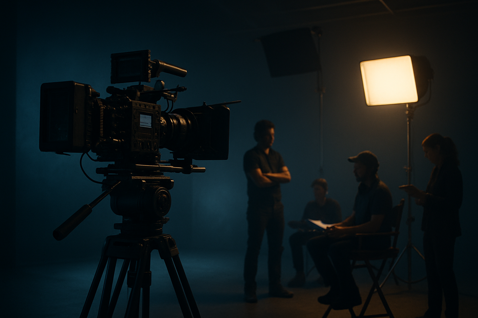Cinematic camera and crew on a film set