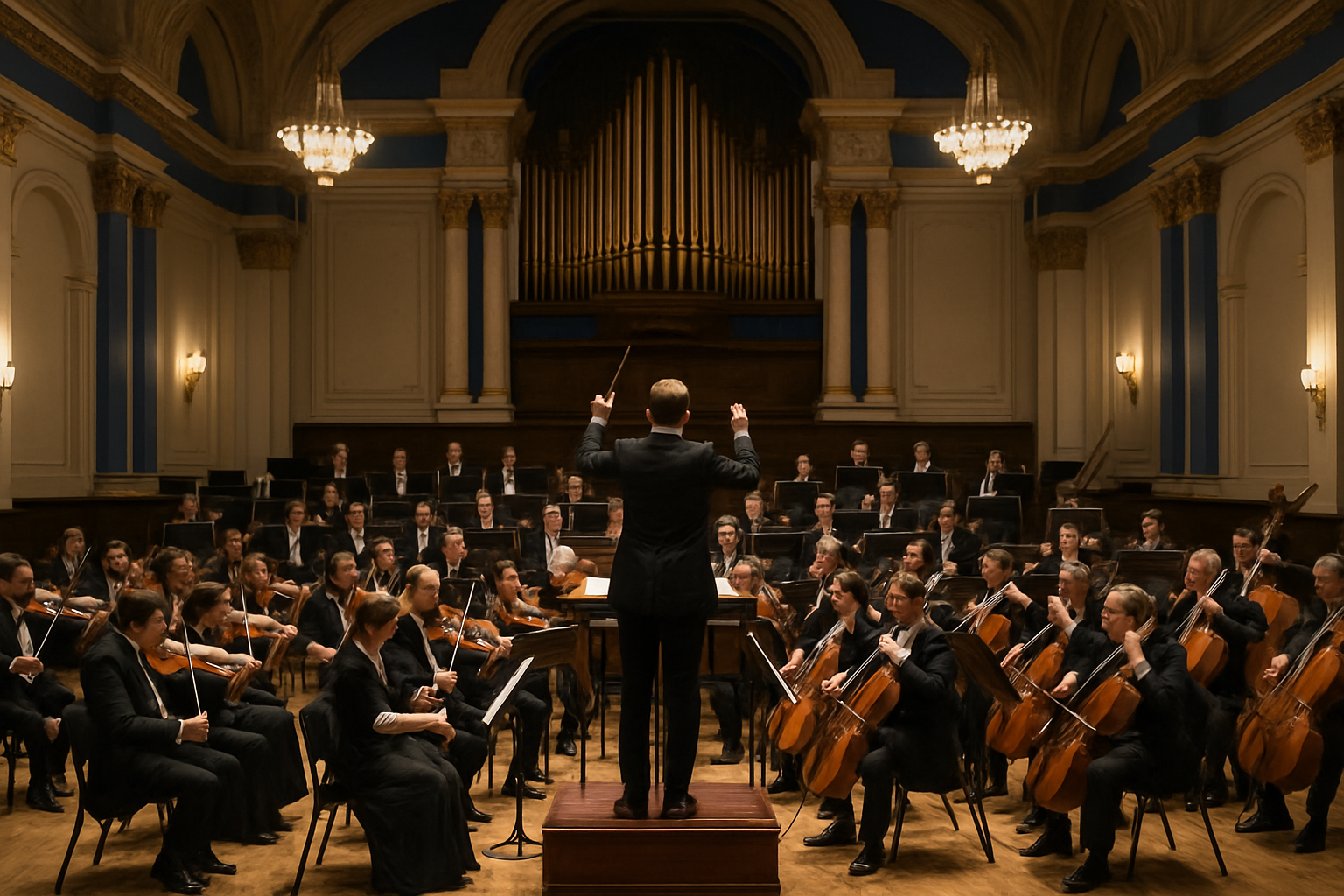 National orchestra performance under grand stage lighting