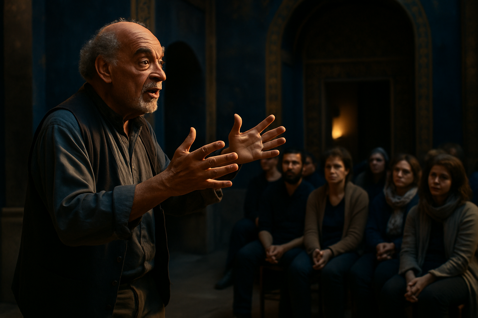 Storyteller speaking to a seated audience