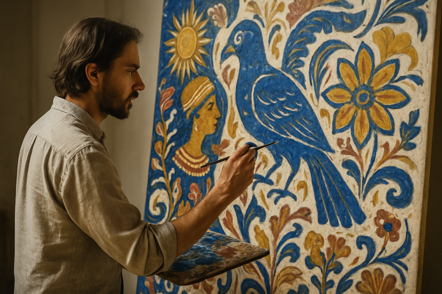 Artist painting a large canvas with vibrant colors