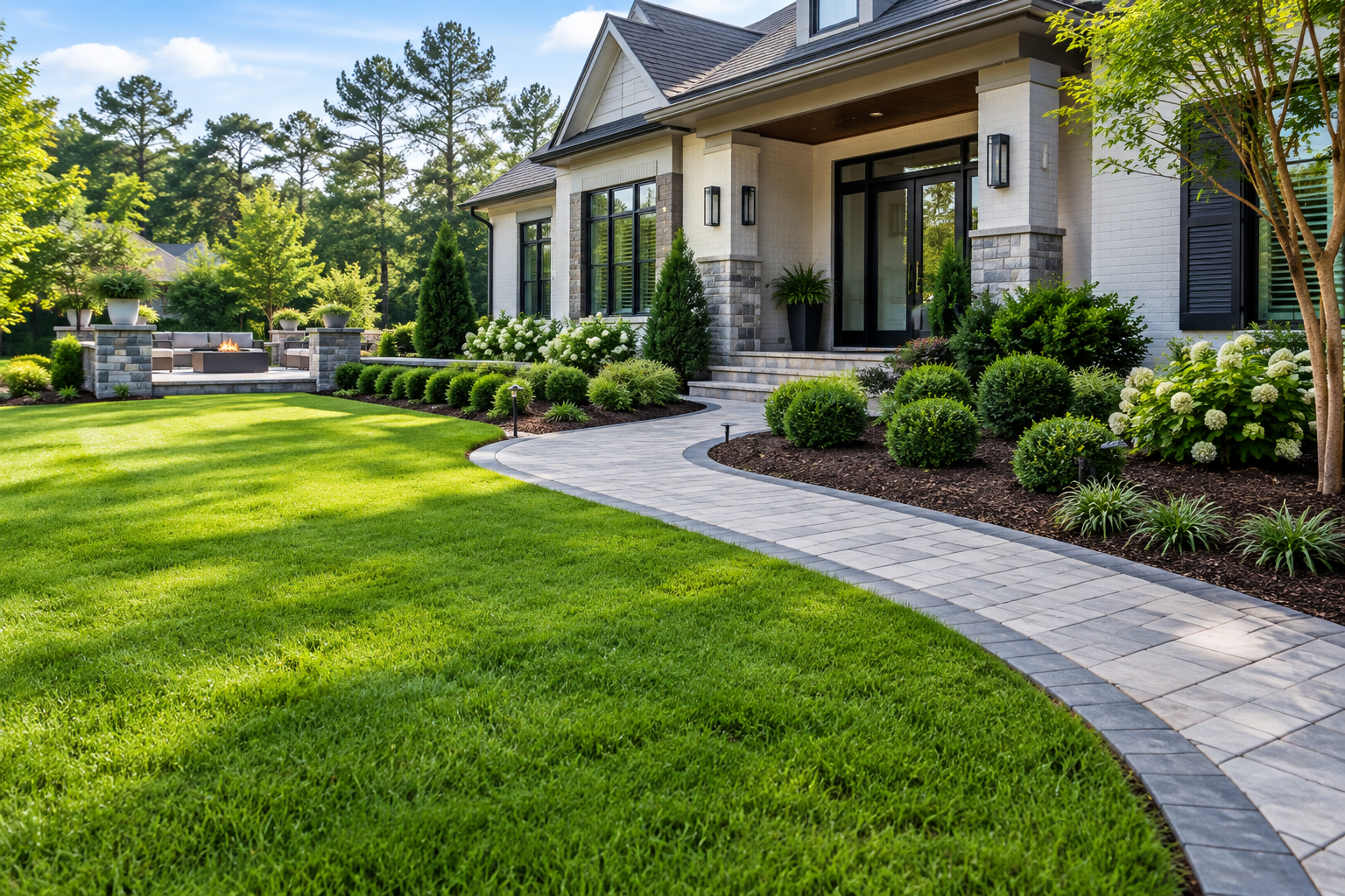 Polished modern landscaping project with a sleek green lawn, trimmed plantings, and clean stone hardscape details in front of a contemporary home