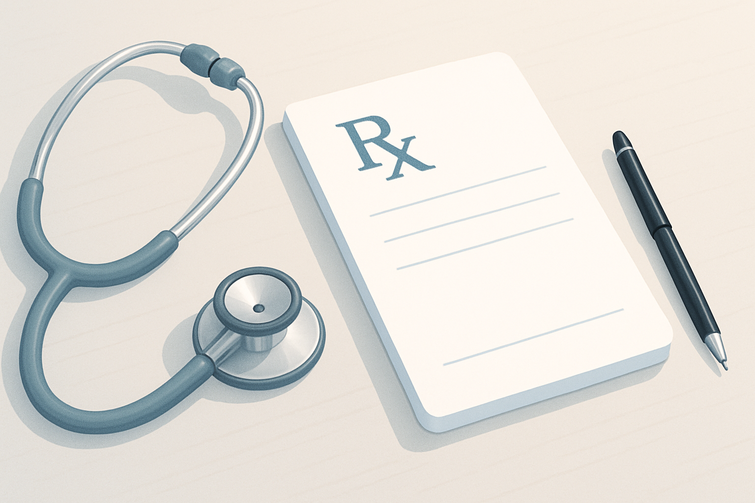 Minimal illustration of a clean prescription pad with a stethoscope and pen on a light desk