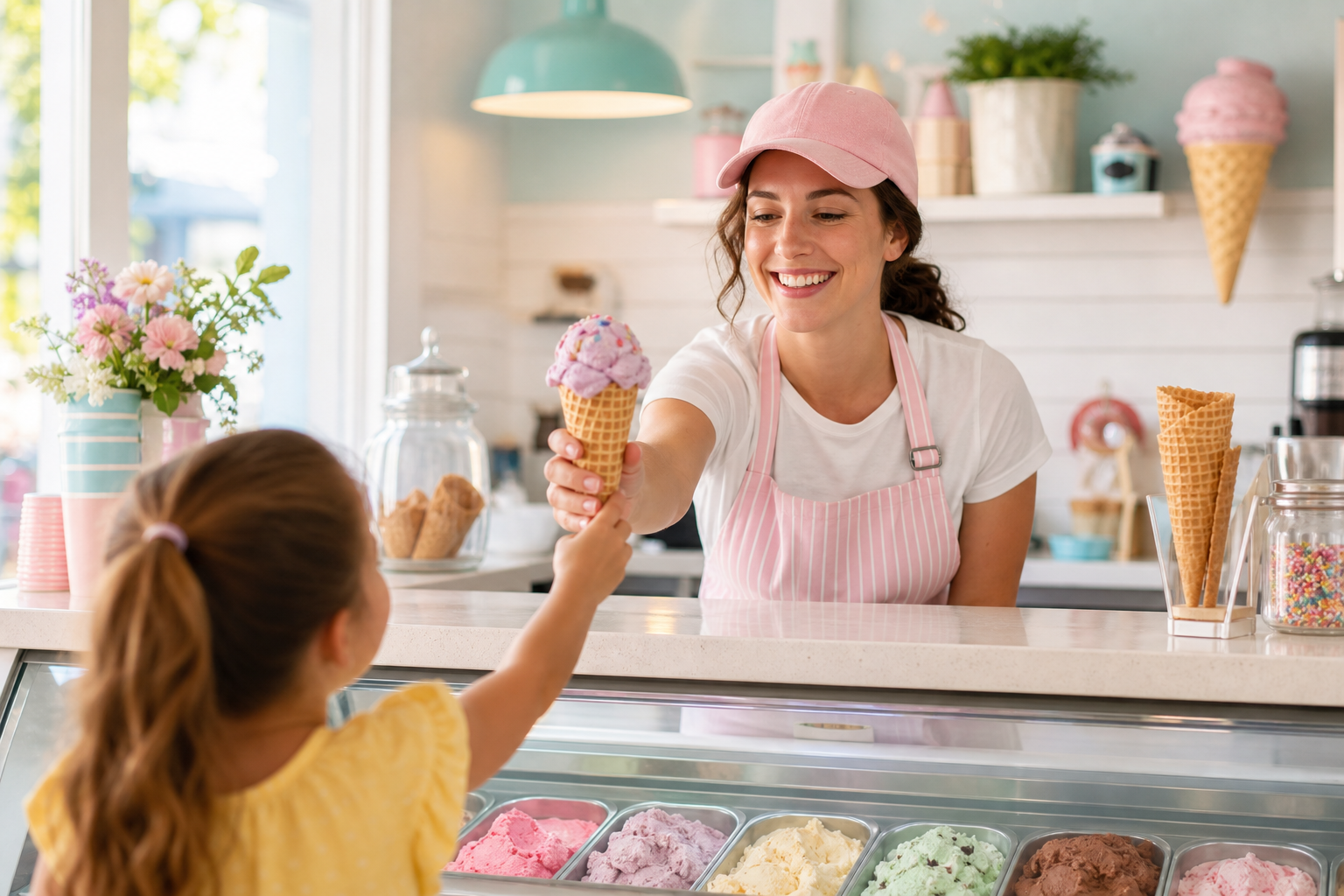 Smiling ice cream maker serving a pastel-colored scoop at a bright neighborhood ice cream counter