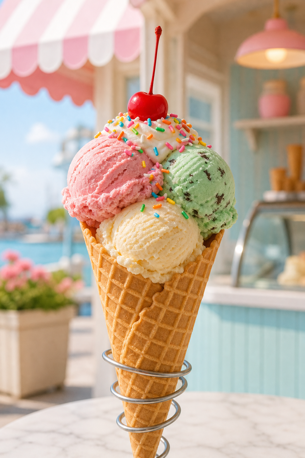 Tall waffle cone with three scoops of pastel ice cream, topped with sprinkles and a cherry