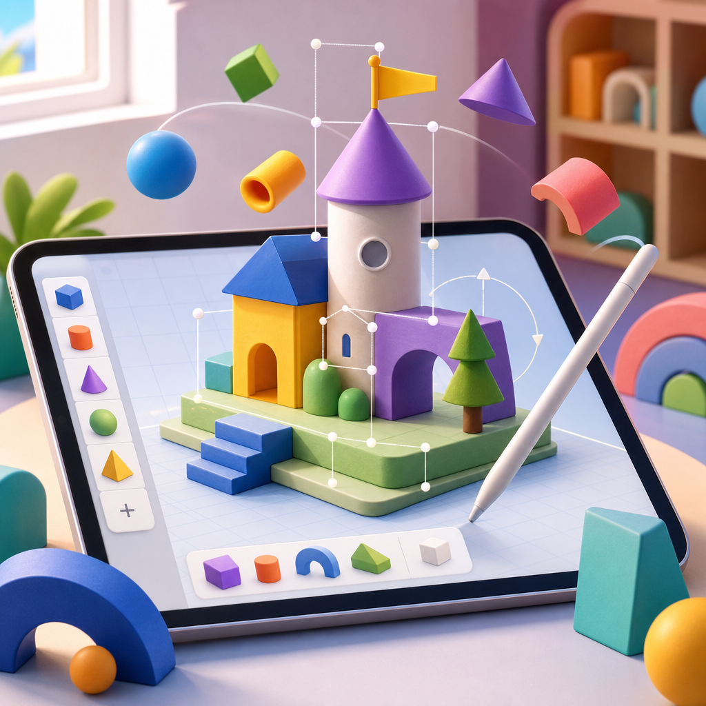 Playful abstract illustration of colorful geometric shapes forming a childlike drawing on a tablet