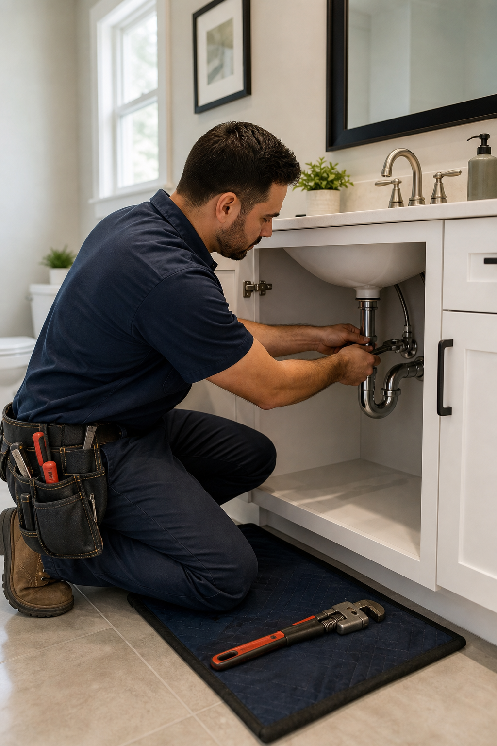 Licensed plumber in a clean residential bathroom kneeling beside a sink cabinet while checking supply lines with professional tools