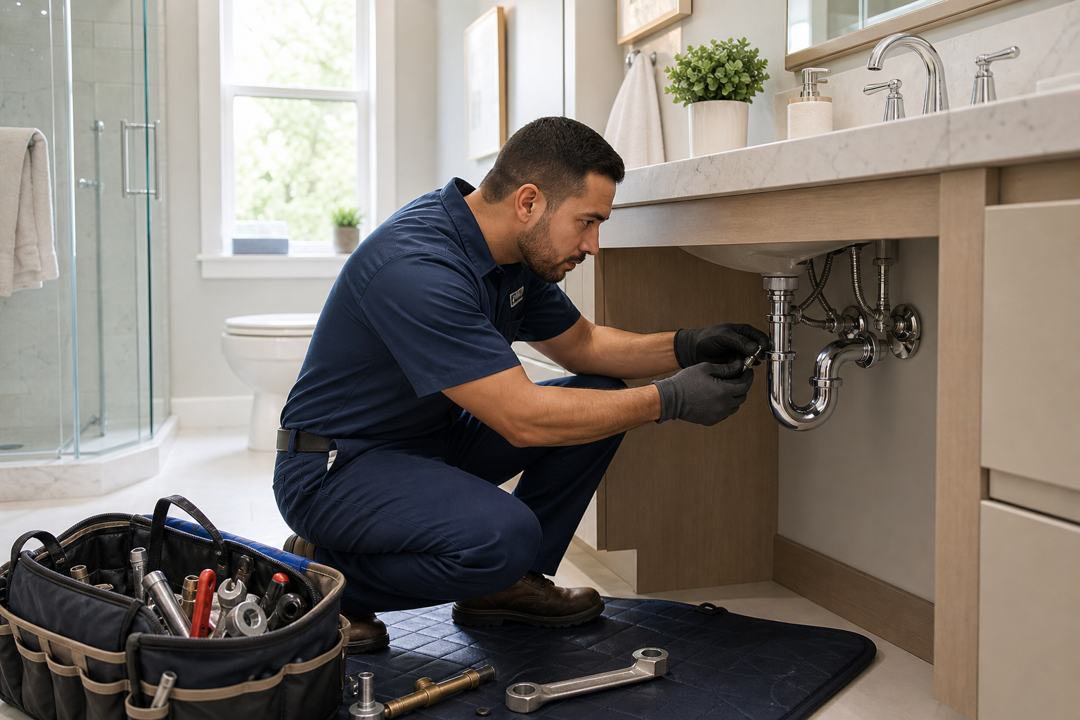 Organized residential plumbing workspace with clean tools, modern fixtures, and a technician checking connections in a tidy home setting
