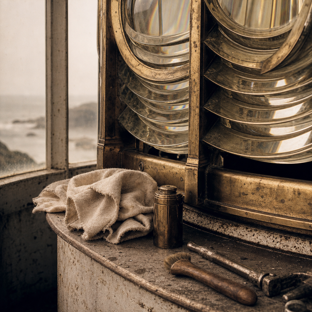 Close archival detail of brass and glass Fresnel lens panels with cotton cloth and polishing tools on a narrow service shelf