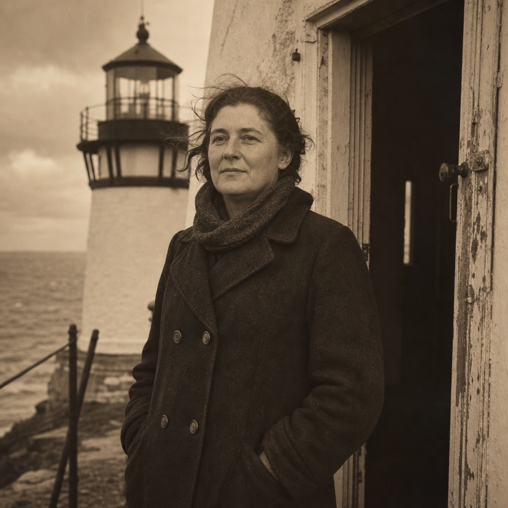 Sepia-toned portrait of a middle-aged woman in a wool coat standing beside a lighthouse doorway in wind