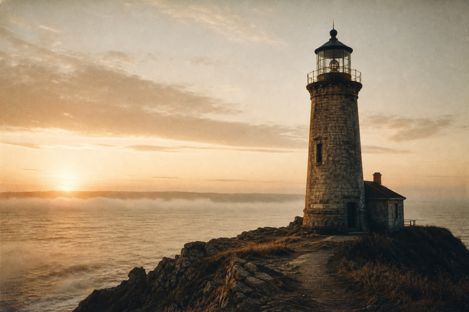 Lead panel — tower exterior at dawn with first light over the sea