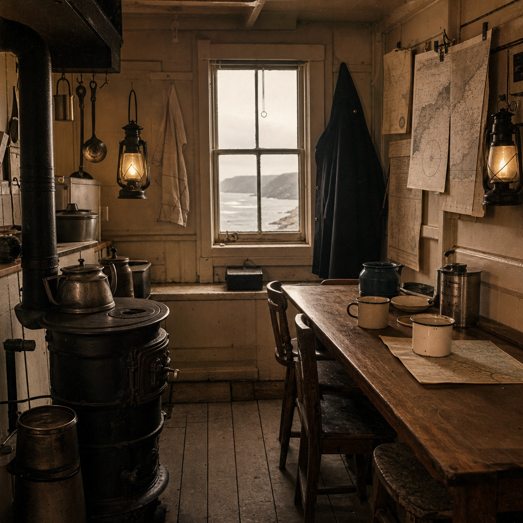 Warm archival view of a compact lighthouse galley with iron stove, wooden table, enamel mugs, and hanging weather charts