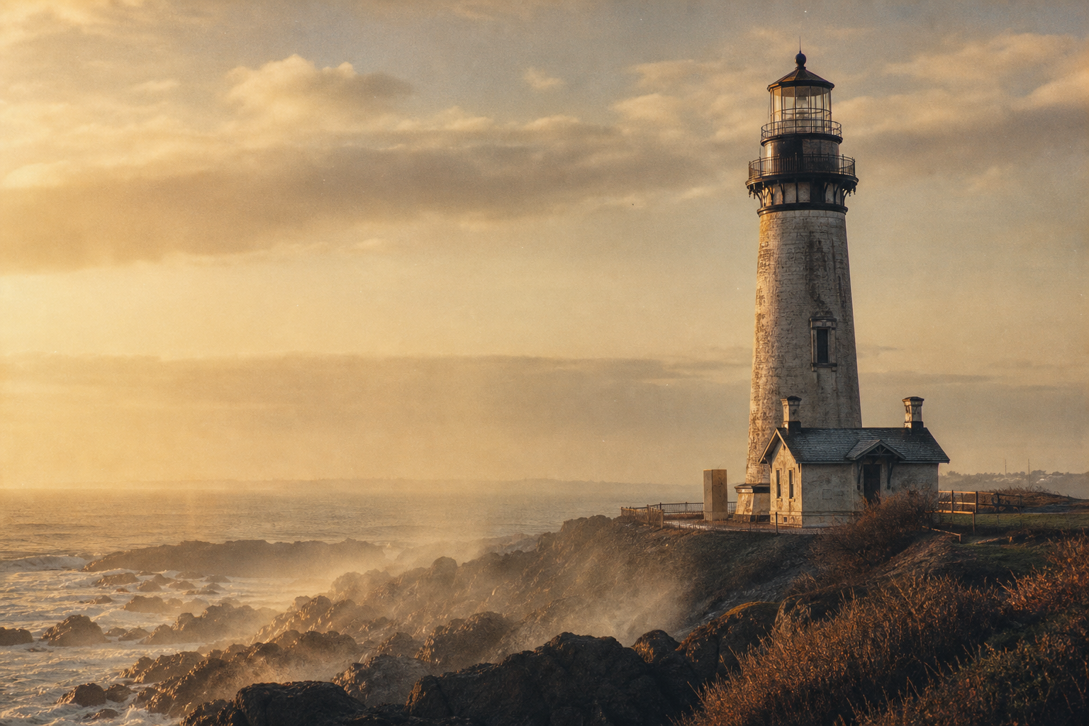 Warm film-style photograph of a lighthouse on a windswept northern shoreline with sea mist, weathered stone, and soft late-day light