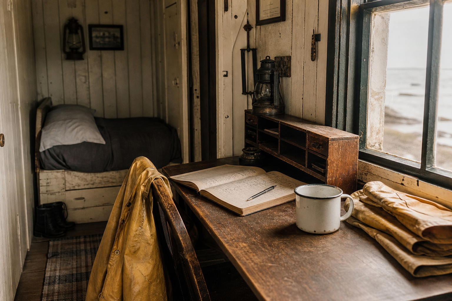 Supporting panel — keeper quarters detail with logbook, bunk, and weathered wood textures