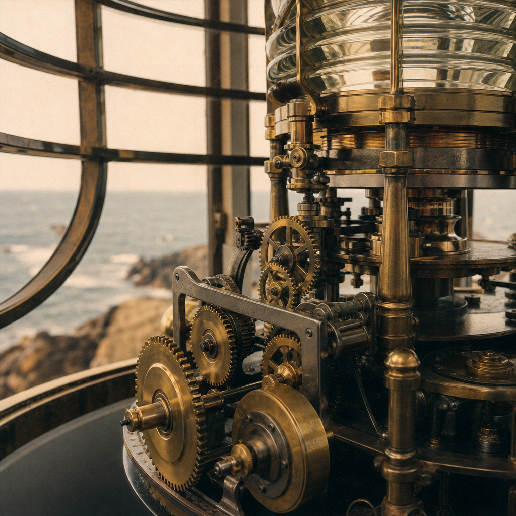 Supporting panel — lantern mechanism close-up showing brass gears and glass housing