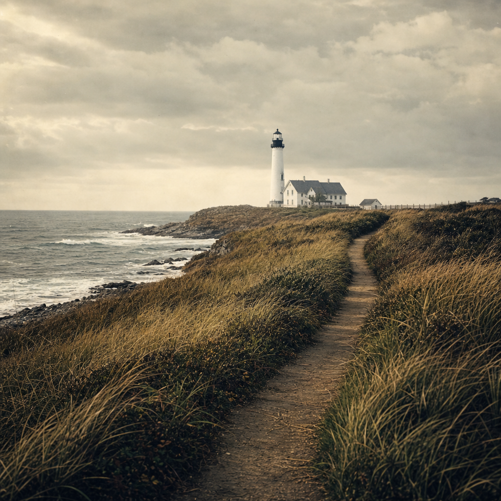 Supporting panel — shoreline approach view with footpath, surf, and tower in distance