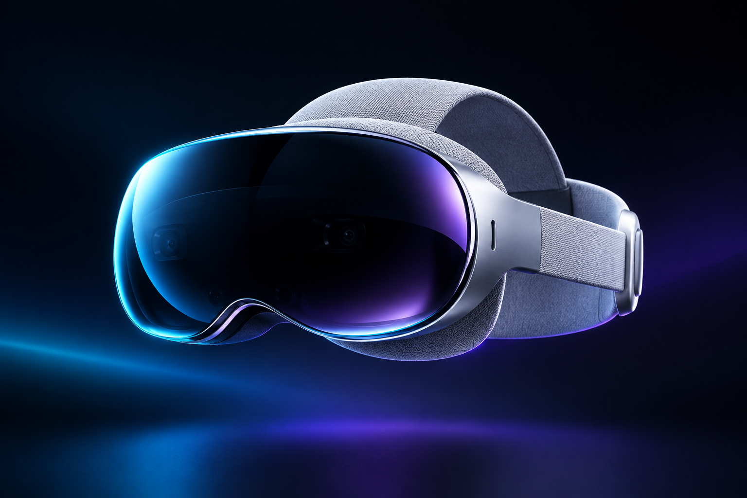 Sleek mixed-reality headset with curved glass visor and soft knit strap in a dark cinematic studio