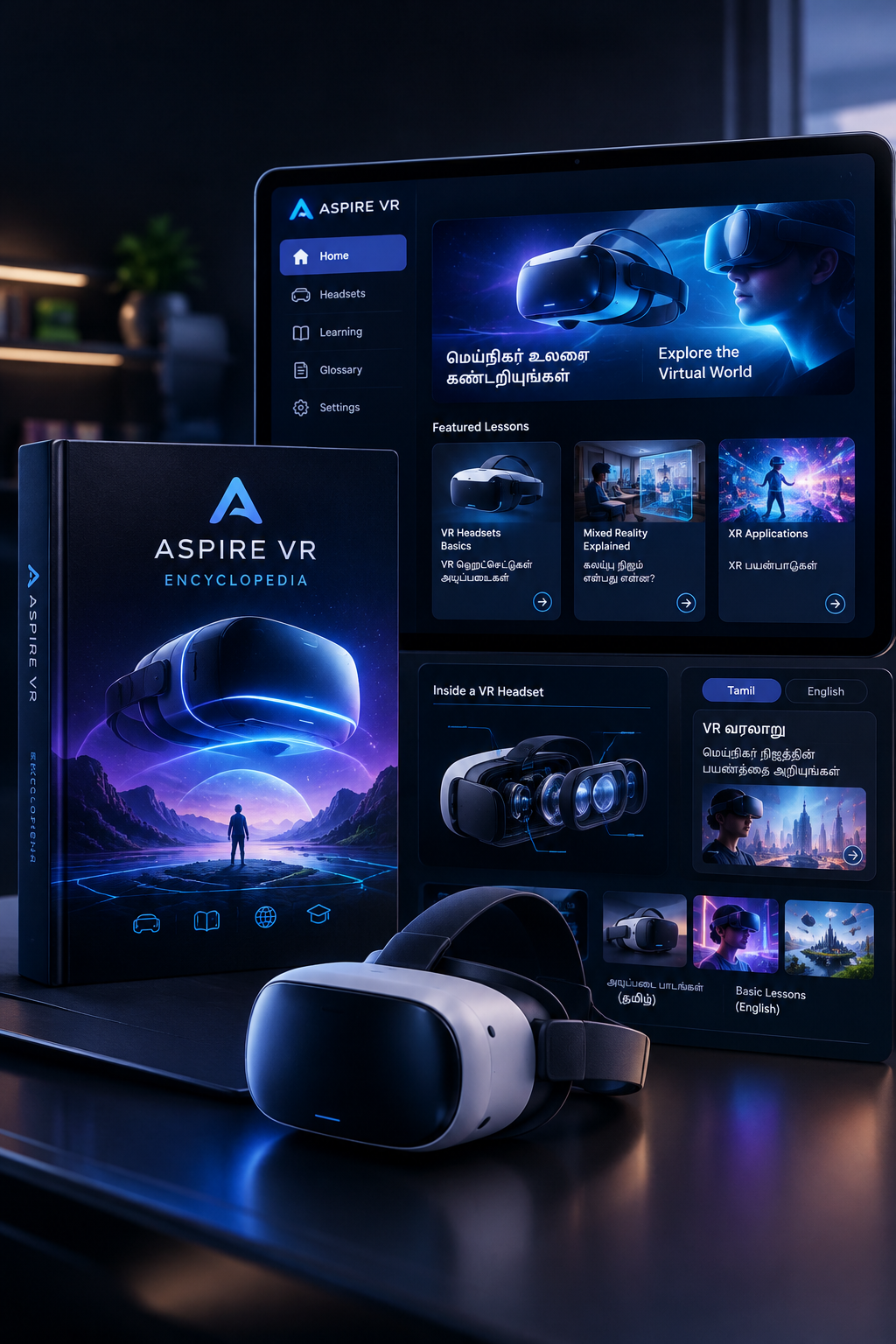 Premium app-and-book style Aspire VR encyclopedia interface showing Tamil and English XR lessons with headset illustrations