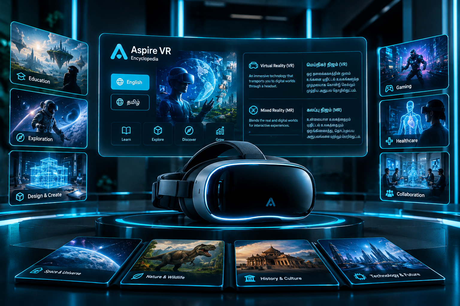 Aspire VR encyclopedia interface on a sleek headset display with Tamil and English learning panels, holographic concept cards, and cinematic cyan studio lighting