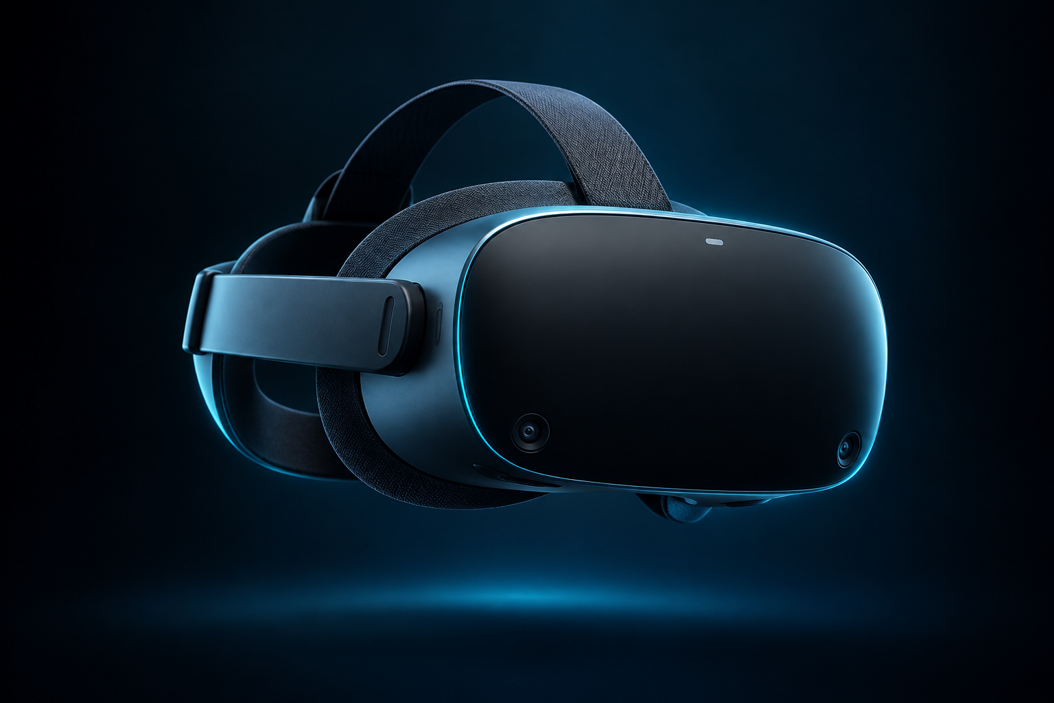 Modern Meta Quest style standalone VR headset with mixed reality feel