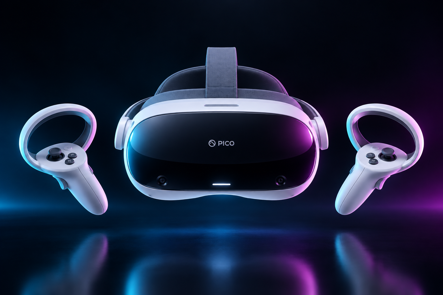 Sleek white PICO VR headset with slim controllers on a dark cinematic studio backdrop with subtle neon glow
