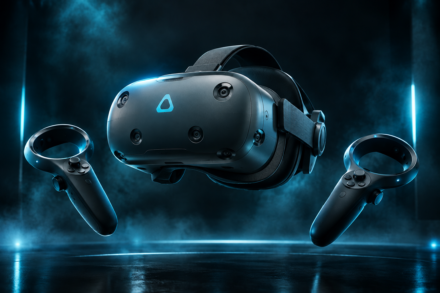 Premium HTC VIVE mixed-reality headset with matching controllers in a dramatic cyan-lit studio scene