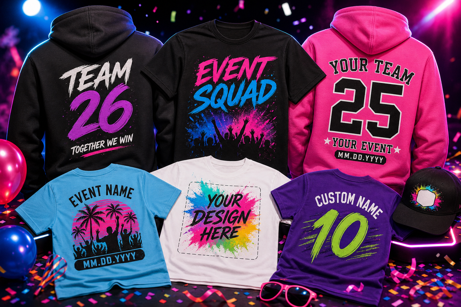 Styled custom event apparel including shirts and hoodies for teams and celebrations