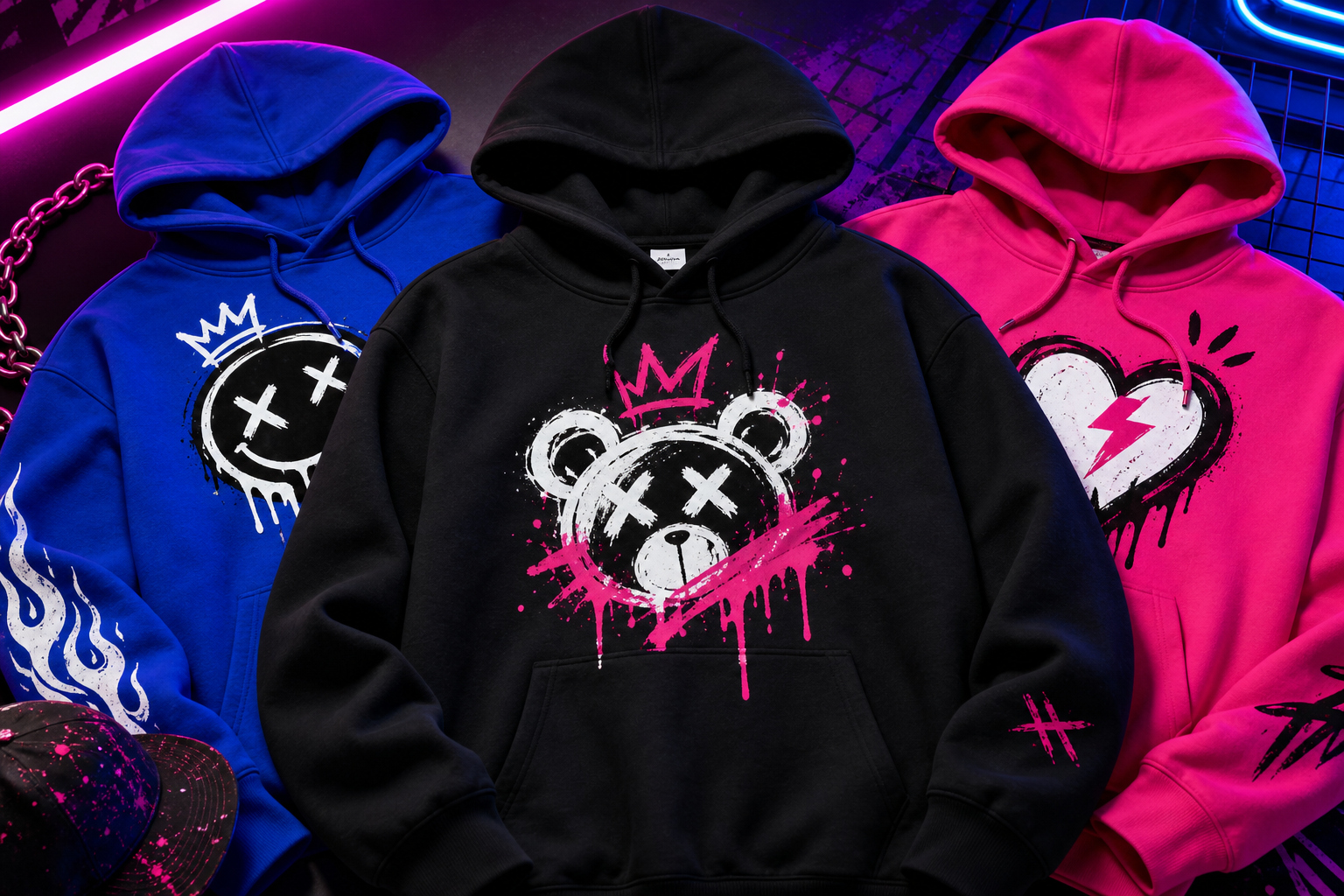 Styled custom hoodies with bold prints and layered streetwear styling as a category teaser