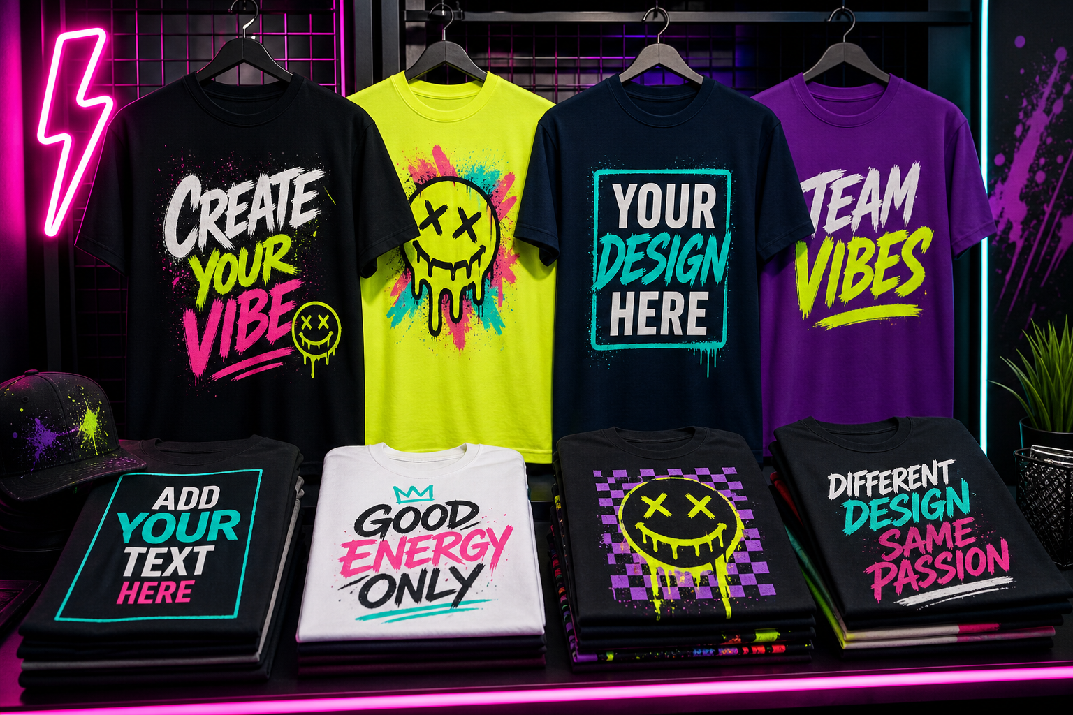 Styled custom graphic t-shirts in bold colors arranged as a category teaser
